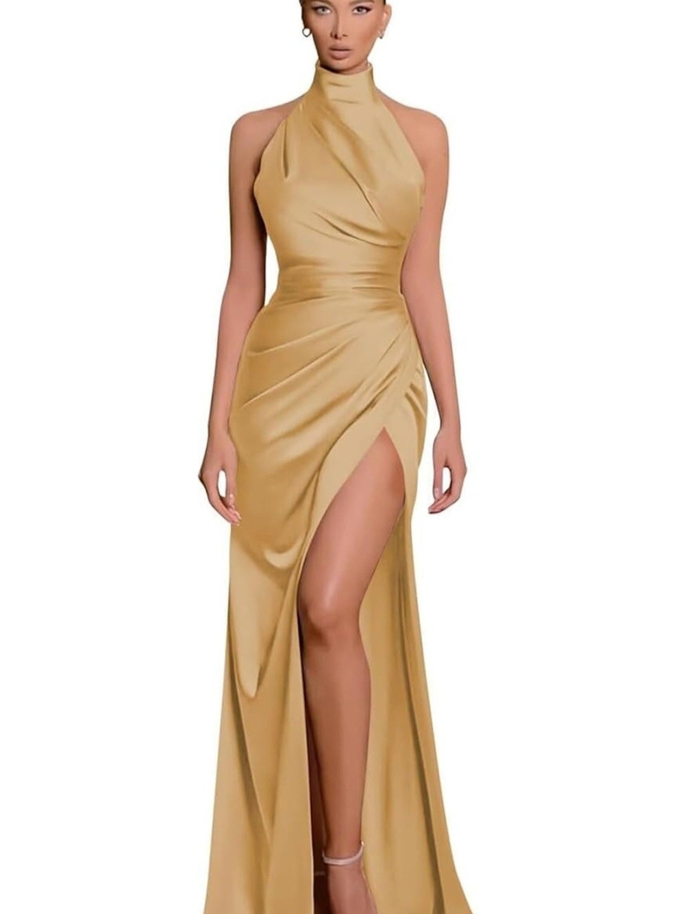 High-Slit Halter Evening Gown in Gold